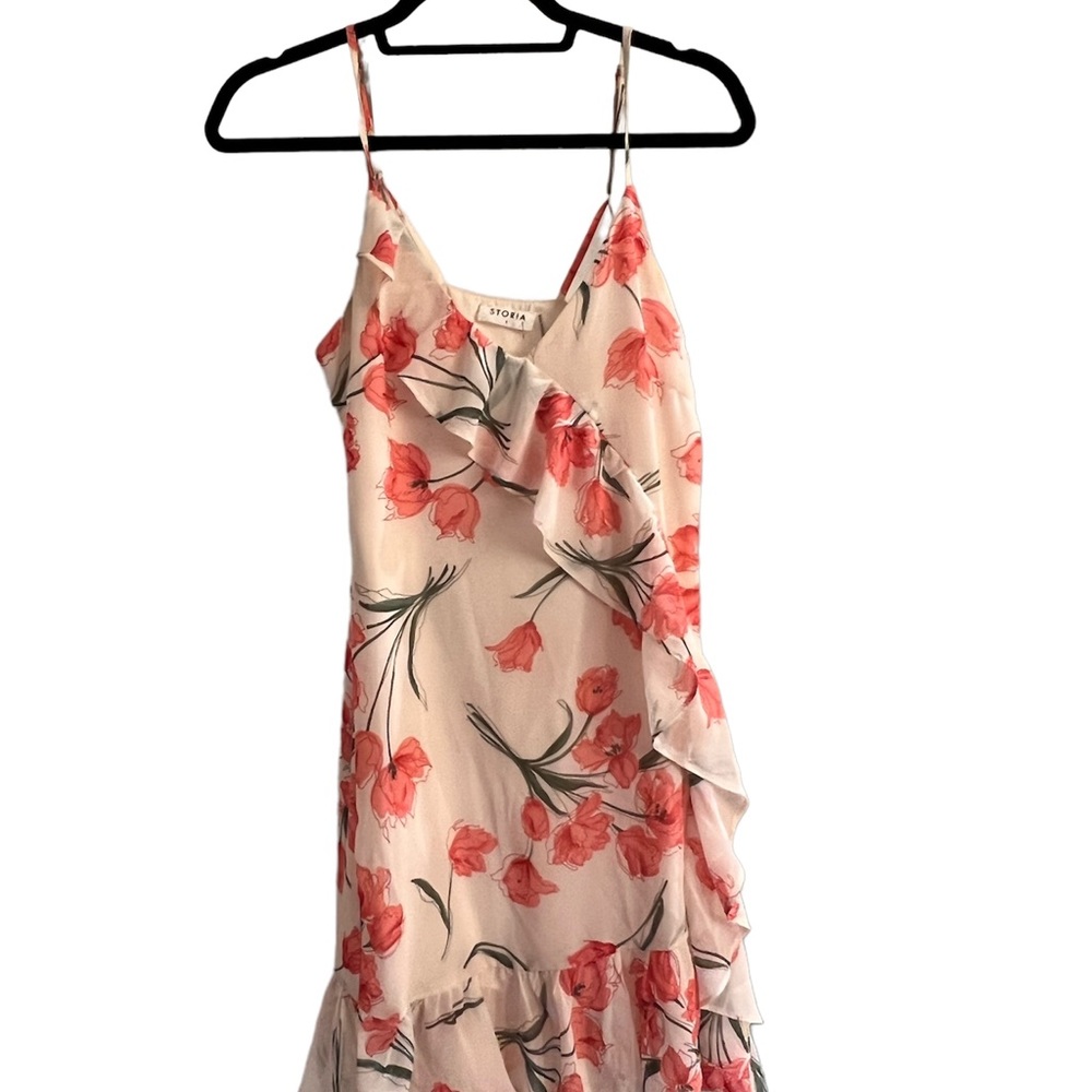 Storia spaghetti strap ruffle front mini dress